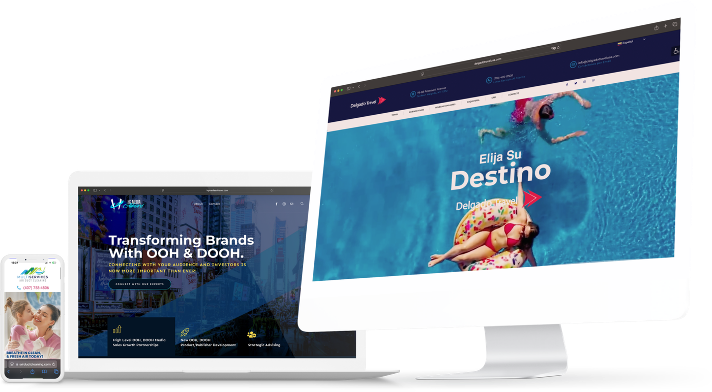 OnePageClick websites shown on desktop, laptop and phone