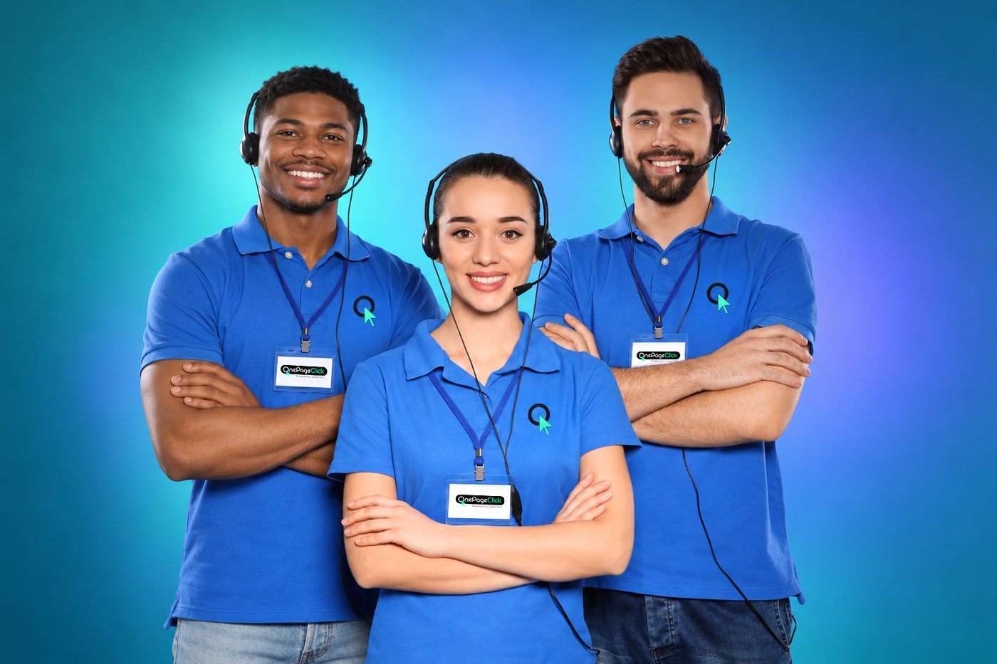 Three OnePageClick sales representatives in branded blue polos with headsets